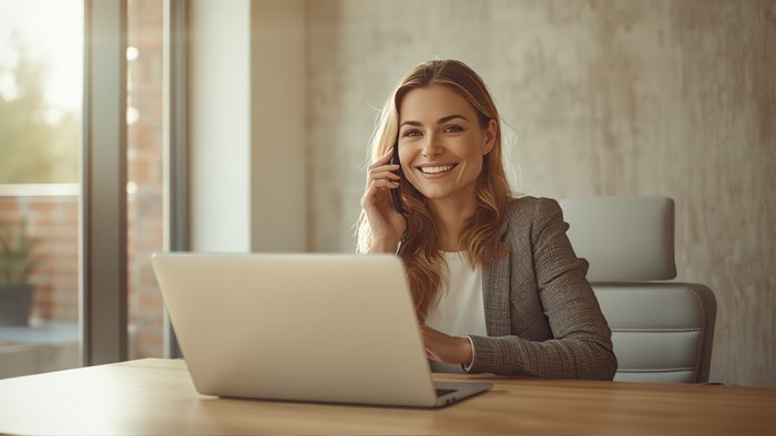 A real estate agent smiling while following up with a client by phone at her desk